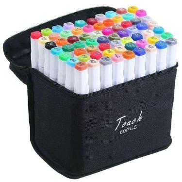 Imagem de Kit Canetas Marcador Permanente Ponta Dupla 60 Cores + Bolsa