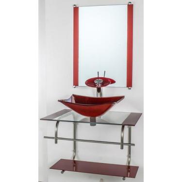 Imagem de Gabinete De Vidro Para Banheiro Inox 60cm Cuba Quadrada Vermelho Cerej