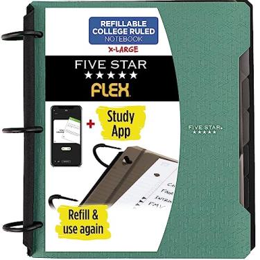Imagem de Five Star Caderno Flex recarregável + aplicativo de estudo, papel pautado universitário, anéis TechLock de 3,8 cm, bolsos, abas e divisores, capacidade para 300 folhas, verde (29324AQ8)