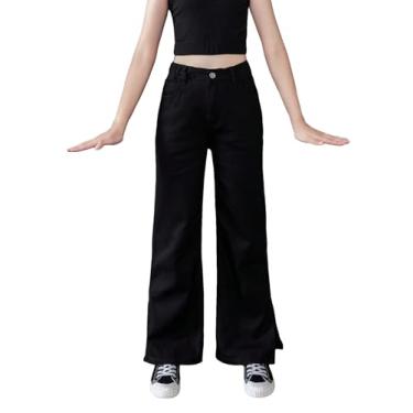 Imagem de Verdusa Calça jeans longa feminina com botão S cintura elástica dividida lateral perna reta, Preto, 9 Years