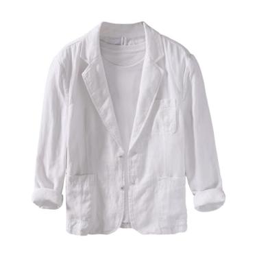 Imagem de UEAUY Blazer masculino casual, jaquetas, blazer de linho leve, ajuste regular, casaco esportivo com dois botões, Branco, P
