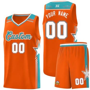 Imagem de Camiseta de basquete personalizada com logotipo de número de nome, regata e shorts estampados personalizados para homens mulheres jovens, 25. Laranja/Aqua, One Size