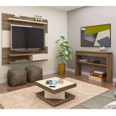 Imagem de conjunto de sala de estar monza com painel para tv até 50 polegadas, mesa de centro e aparador pinho e off white