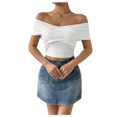 Imagem de SweatyRocks Camiseta feminina com ombros de fora, cruzada, manga curta, caimento justo, cropped, Branco, G