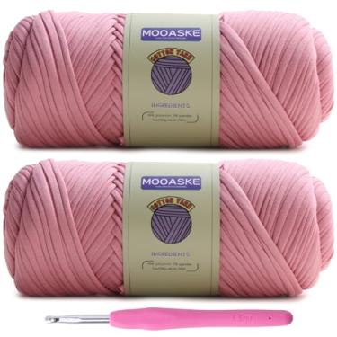 Imagem de Mooaske Pacote com 2 camisetas de fio de crochê para bricolage tricô pano cobertor bonecas - 400 g fio grosso grosso para crochê com tecido elástico de mistura de poliéster/elastano (rosa claro)