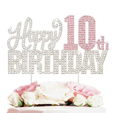 Imagem de Nelbiirth Happy 10th Birthday Silver & Pink Rhinestone Cake Topper - Cheers to 10 Years Old Ten Bday Metal Sparkly Cake Centerpieces Topper Decorations Sign.