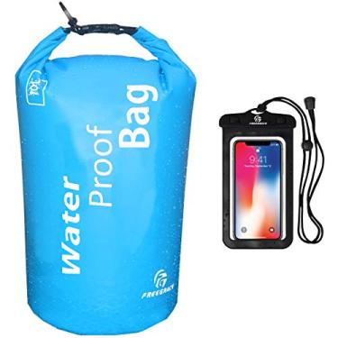 Imagem de (5L, Azul + Caixa a prova d'agua) - Bolsa seca a prova d'agua Freegrace - Saco seco leve com lacres e caixa a prova d'agua - Flutua na agua - Mantem o equipamento seco para canoagem, praia, rafting, canoagem, caminhadas, camping e pesca