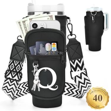Imagem de LOKASS Suporte de garrafa de água personalizado com alça para acessórios Stanley Cup Tumbler de 1,134 g, bolsa de transporte inicial para garrafa de água com bolso para telefone, para mulheres, ideal