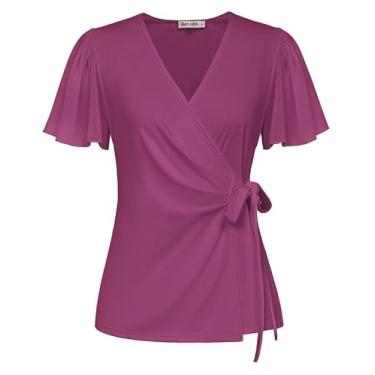 Imagem de GRACE KARIN Blusa feminina de verão 2024 elegante casual de chiffon com gola V e gola V para trabalho, Roxo, rosa, GG