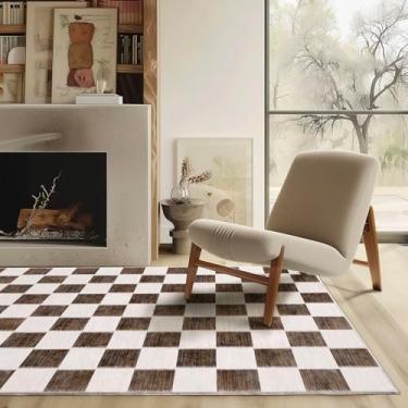 Imagem de EVERGRACE Tapete quadriculado 10 x 15 cm, tapetes de lã sintética macia, lavável, antiderrapante, tapete grande para entrada, quarto, sala de estar, corredor, quarto e lavanderia, marrom escuro