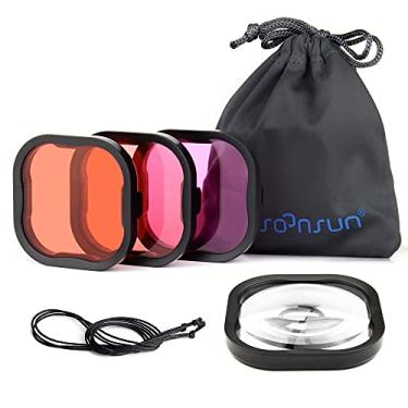 Imagem de SOONSUN Pacote com 4 filtros de mergulho subaquáticos para GoPro Hero 13 12 11 10 9 8 Preto – Filtros de correção de cor com vermelho, vermelho claro, magenta, lente macro close-up 5X – Apenas para