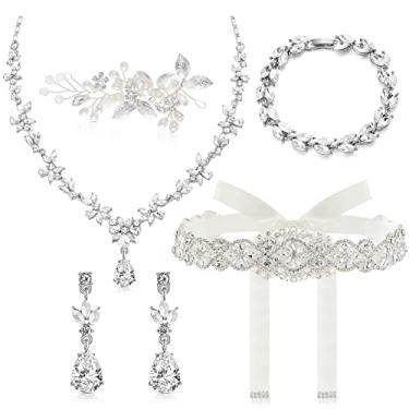 Imagem de Henoyso Conjunto de 5 peças de joias de noiva, colar de strass, brincos, pulseiras, conjuntos de acessórios para casamento, festa de casamento, fantasia de formatura, liga e strass, Strass