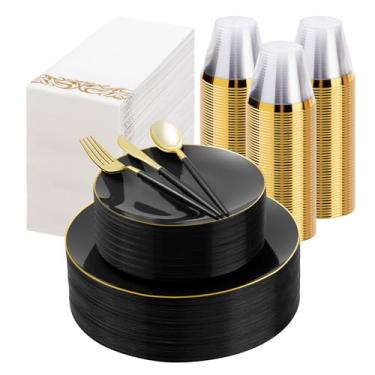Imagem de Conjunto de louça de plástico dourado preto com 350 peças, pratos descartáveis dourados para festa, inclui 100 pratos pretos com 150 talheres de plástico, 50 guardanapos e 50 xícaras