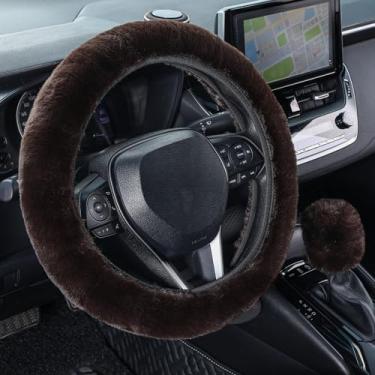 Imagem de SEG Direct Capa de volante de carro peludo com capa de mudança de marcha, macia e quente, decoração automotiva fofa e fofa para mulheres e homens, tamanho padrão, conjunto de 2 peças, marrom café