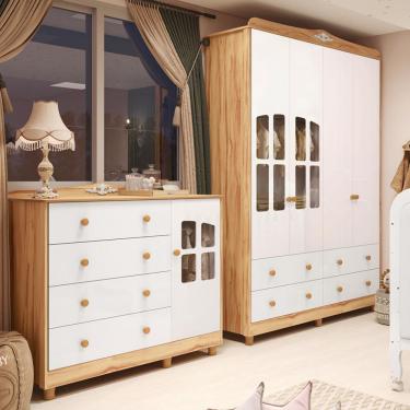 Imagem de Quarto Infantil com Guarda Roupa e Cômoda com Janelas 100 MDF Elô New Móveis Peroba - Branco Brilho/Amendoa