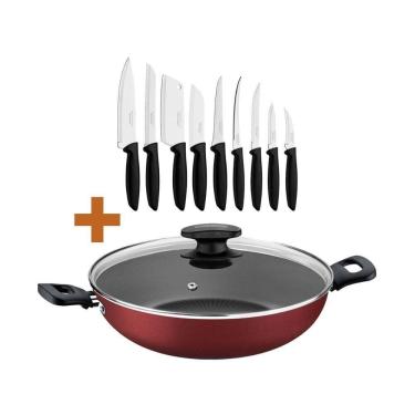 Imagem de Kit - Panela Wok Alumínio 28cm Loreto Vermelho + 1 Conjunto Facas 9pç - Tramontina