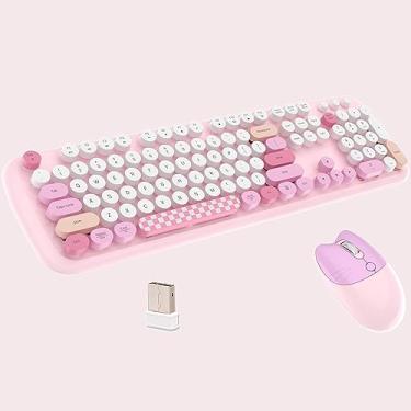 Imagem de Combo de teclado e mouse sem fio de tamanho completo de 2,4 G, capa redonda estilo máquina de escrever multicolorida, lindas cores doces, compatível com notebook, PC (rosa)