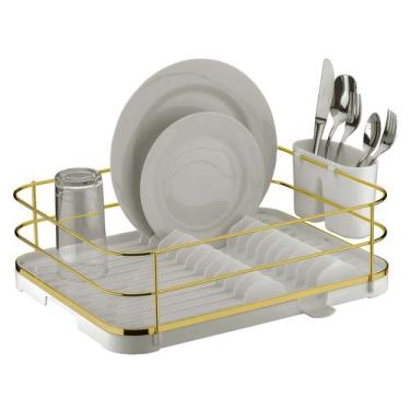 Imagem de Escorredor Prato Com Porta Talher e Bandeja Coletora Branco Dourado - 