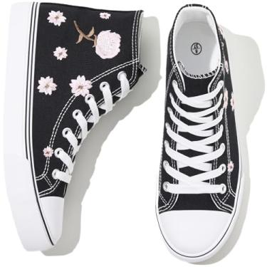 Imagem de kufeiti Tênis feminino de lona de cano alto com cadarço branco preto tênis casual caminhada, Bordado preto, 36