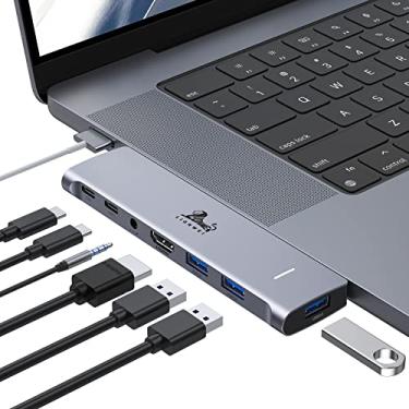Imagem de Adaptador USB C Hub para MacBook Pro/Air M1M2 2022 2021 2020 2019 13 polegadas 15 polegadas 16 polegadas, adaptador multiportas para MacBook Pro acessórios para MacBook com HDMI 4K, 3USB 3.0, microfone/áudio, USB-C habilitado para Thunderbolt de 100 W PD