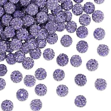 Imagem de NUKAYAI 100 peças de contas de strass roxas para fabricação de joias, contas de cristal brilhante de 10 mm para colar de beisebol, contas de argila roxa Shamballa DiscoBall para artesanato de