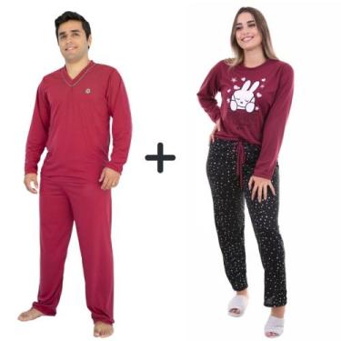 Imagem de Kit 2 Pijamas De Frio Adulto Casal Longo Feminino Masculino - Pijamas 