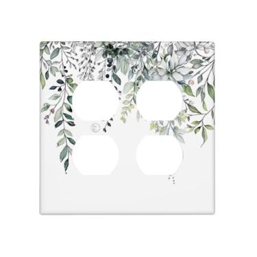 Imagem de Spshian Capas decorativas para tomada rústica verde sálvia branca folhas de eucalipto 2 gangues capa de placa de parede duplo receptáculo duplo dois interruptores de luz placa de cobertura para
