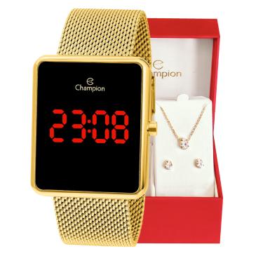 Imagem de Relógio Feminino Champion Digital Quadrado Dourado CH40080V + Colar e Brincos