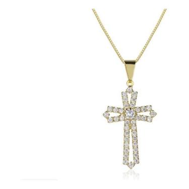 Imagem de Colar Cruz Crucifixo Noiva Zirconia Dourada Folheadoa Ouro 18k Semi Jo
