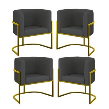 Imagem de Kit 04 Poltronas Lua Sala Decorativa Base Ferro Gold Corino Cinza