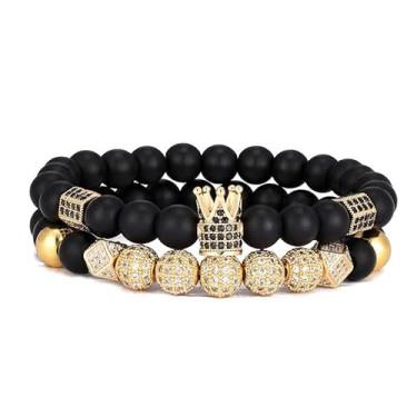 Imagem de TIMFROZ Pulseira masculina com coroa de 8 mm com contas de ônix preto fosco natural para presente de aniversário e aniversário de 19 cm, 7.5", Pedra, Sem Pedra Preciosa