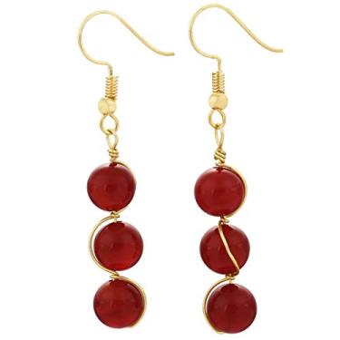 Imagem de Nupuyai Brincos de pedra para mulheres, brincos de gancho com contas triplas envoltos em arame, para mulheres Vermelho
