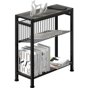 Imagem de Mesa lateral para espaços pequenos, mesa de canto estreita com suporte de revista, mesa lateral fina 2 em 1, mesa de cabeceira fina para sala de estar, quarto, mesa lateral fina, cinza