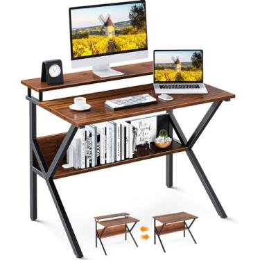 Imagem de ODK Pequena mesa de computador, mesa de escritório em casa de 27,8 cm com prateleira de armazenamento de monitor, mesa compacta de estilo simples e moderno para laptop para espaços pequenos, marrom escuro escuro