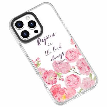 Imagem de frepstudio Capa transparente e fofa compatível com iPhone 16 Pro para meninas e mulheres, versículo bíblico rosas peônia inspiradoras citações cristãs filipenses 4:4 capa protetora macia compatível