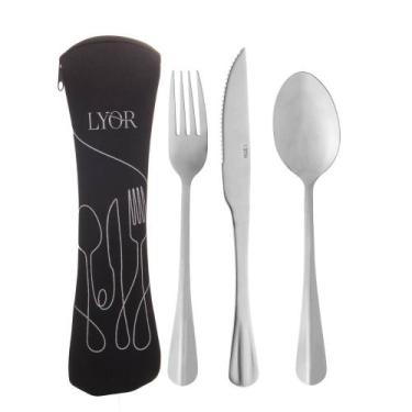 Imagem de Conjunto 3 Talheres Viagem Marmita com Estojo Portátil Garfo Faca e Co