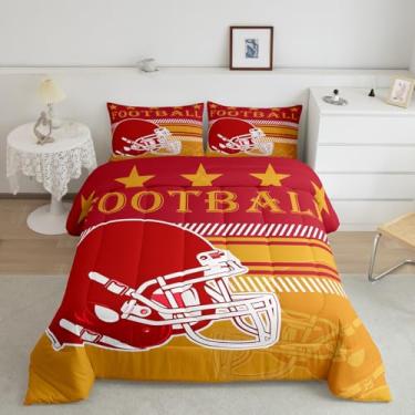 Imagem de Feelyou Jogo de cama de solteiro com 1 fronha, futebol americano, cidade, futebol, esporte, jogo de cama com 1 fronha, capacete de rúgbi, decoração de quarto de futebol americano, vermelho, amarelo