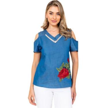 Imagem de Blusa jeans ciganinha com flor estampada - SML Fashion, Feminino, Azul