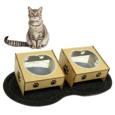 Imagem de kit 2 Comedouros/Bebedouro Wood Pata Cães E Gatos  Morapet +Tapete Pet