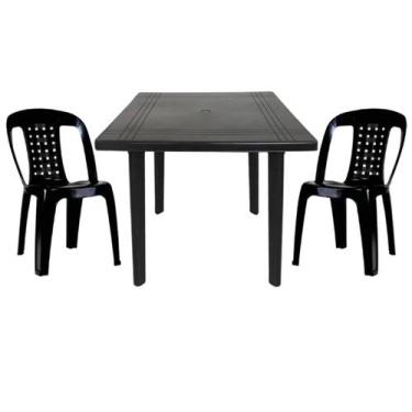 Imagem de Mesa Quadrada Plástico Desmontável 90cm Preta + 2 Cadeiras Vime Empilh