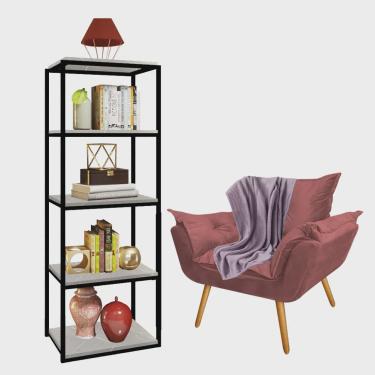 Imagem de Kit Poltrona Fatte com Manta Soft Lilás e Estante Livreiro Ferro Preto mdf Marmorizado Cinza Suede Rose Gold - Ahz Móveis