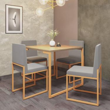 Imagem de Conjunto de Jantar Stan Industrial Mesa Quadrada 90x90cm Com 4 Cadeiras Ferro Dourado Tampo Madeira Suede Cinza - Ahazzo Móveis