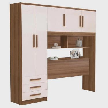 Imagem de Guarda Roupa Casal com Cabeceira Baú 5 Portas 3 Gavetas e Prateleiras Mexico Rud Rack Cor Mel Off White