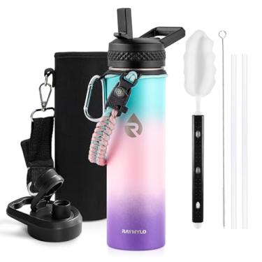Imagem de Garrafa térmica de água RAYMYLO, aço inoxidável de parede tripla isolada a vácuo (fria por 48 h), antivazamento, sem BPA, tampas de bico/canudo, infantil, escolar, 591 ml, azul/rosa/roxa (Hydrangea)