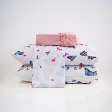 Imagem de Jogo De Lençol Casal Queen King 4 Peças 100% Algodão Percal 200 Fios Estampado (King, Borboletas Colorida)