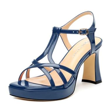 Imagem de CDXJHYMY Sandálias femininas de salto alto com tiras quadradas, bico aberto, salto alto, tira no tornozelo, confortável, vestido de festa, sandálias femininas 8,4 cm, Patente azul marinho, 35