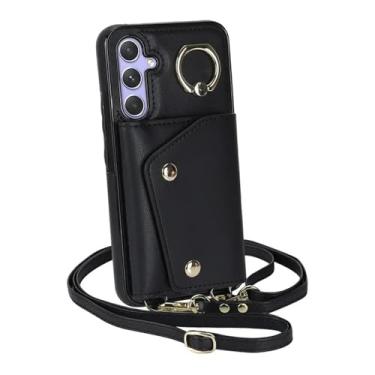 Imagem de HJZSZX Para Samsung S24 Ultra Crossbody Ring Couro Zip Wallet Phone Case Lanyard Flip Cover Bag (Para Samsung S24 Ultra/preto)