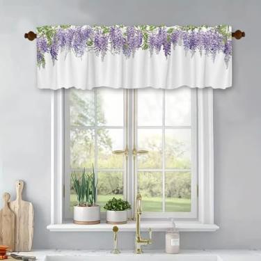 Imagem de Cortinas de cozinha curtas com flores roxas para tratamento de janelas, cortinas blackout, bolso para varão, painel para banheiro, quarto, sala de estar, 137 x 45 cm