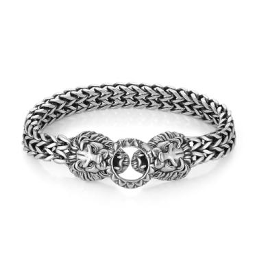 Imagem de HZMAN Pulseira masculina com cabeça de leão de aço inoxidável, metal pesado, franco, caixa quadrada, corrente de elos