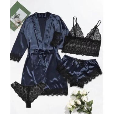 Imagem de Conjunto De Pijama Feminino De Cetim Com Renda, 4 Peças, Europeu E Ame